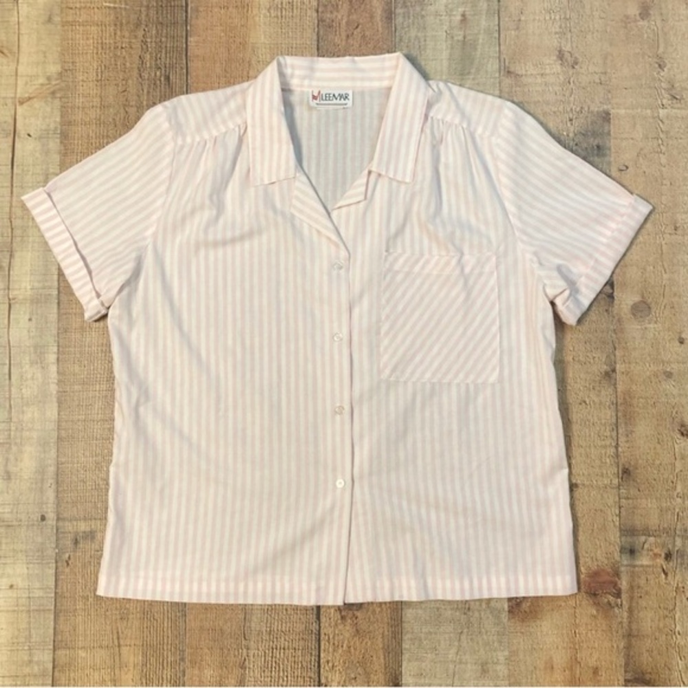 Vintage Lee Mar Pink White Striped‎ Button Up Shirt Camp Collar Size 14 USA Made